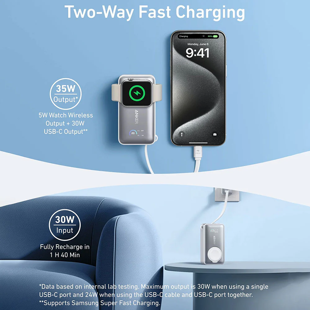 Anker 10K A1657H21 MagGo Magnetic Wireless Power Bank Type-C 35W Fast Charging 10000mAh Built in Type-C Cable With Watch Charger - White