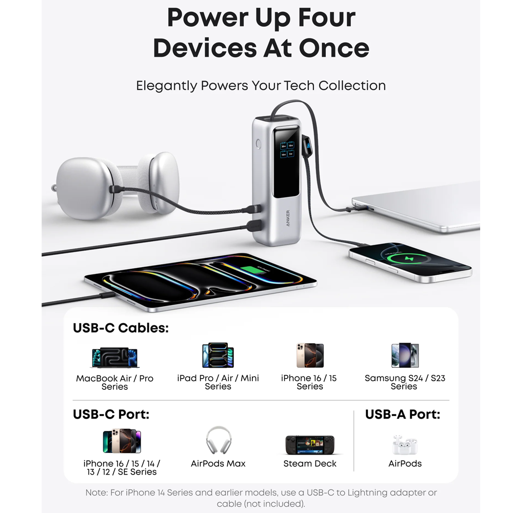 Anker A1695H11 Power Bank USB + Type-C 165W Fast Charging 25000mAh Built-In Dual Type-C Cable - Black