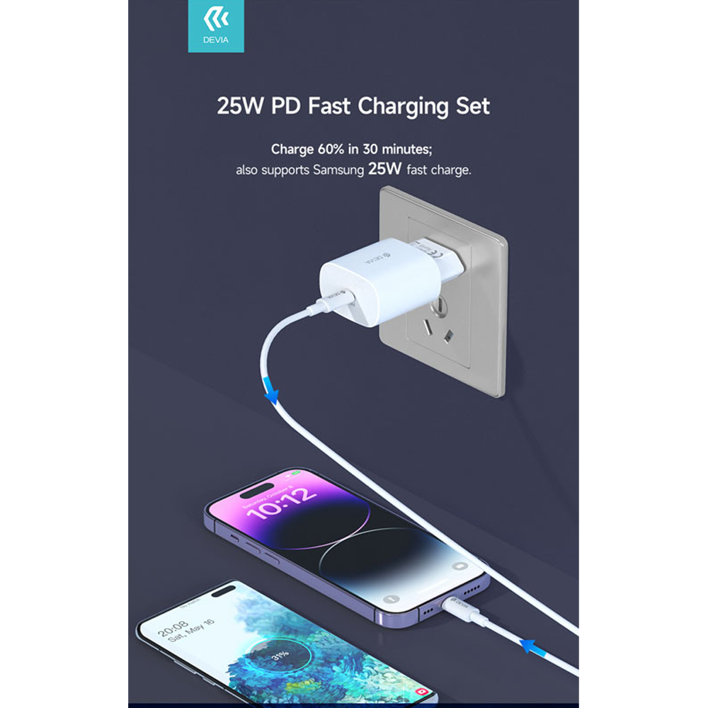 Devia RLC-383 MP716 Smart Series 25W Quick Charger With Type-C to Type-C Cable 1.20m - White