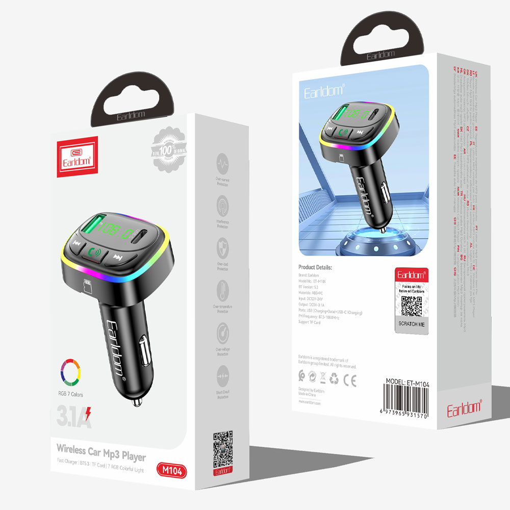 Earldom M104 FM Transmitter & USB + Type-C 3.1A Charger
