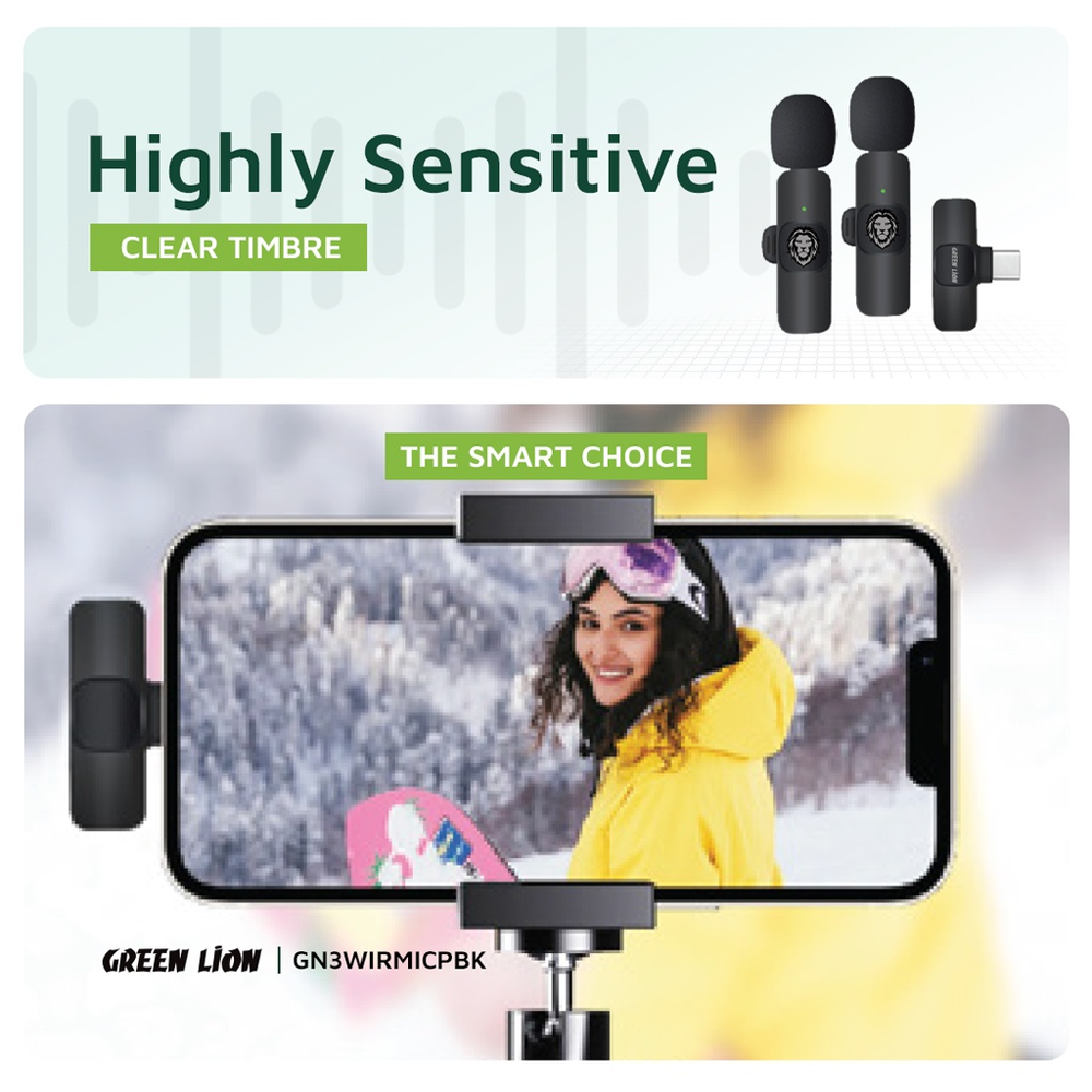 Green Lion 3 in 1 (Lightning & Type-C & USB) Dual Wireless Microphone - Black