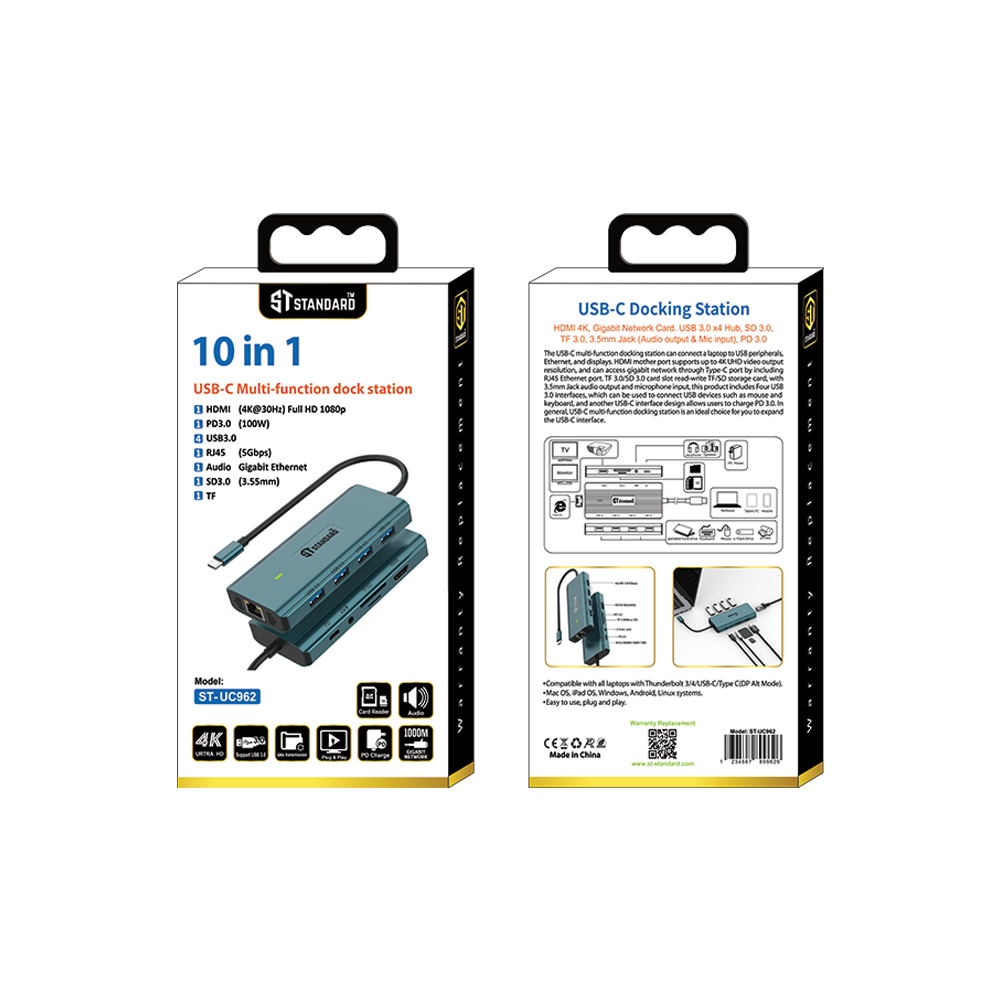 HUB Type-C To (HDMI - PD 100W - USB 3.0 - RJ45 - VGA - AUDIO 3.5mm - SD - TF) Standard ST-UC962