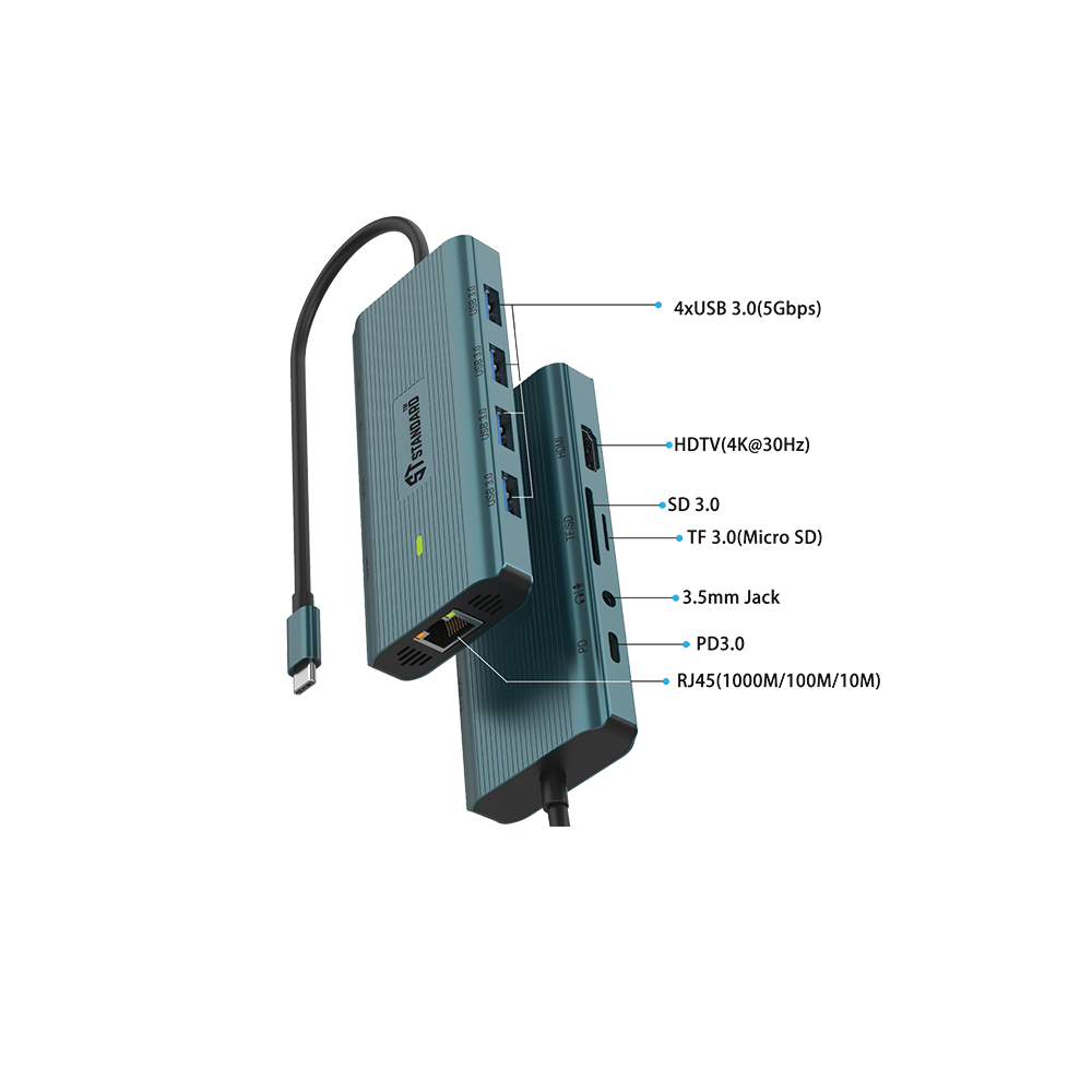 HUB Type-C To (HDMI - PD 100W - USB 3.0 - RJ45 - VGA - AUDIO 3.5mm - SD - TF) Standard ST-UC962