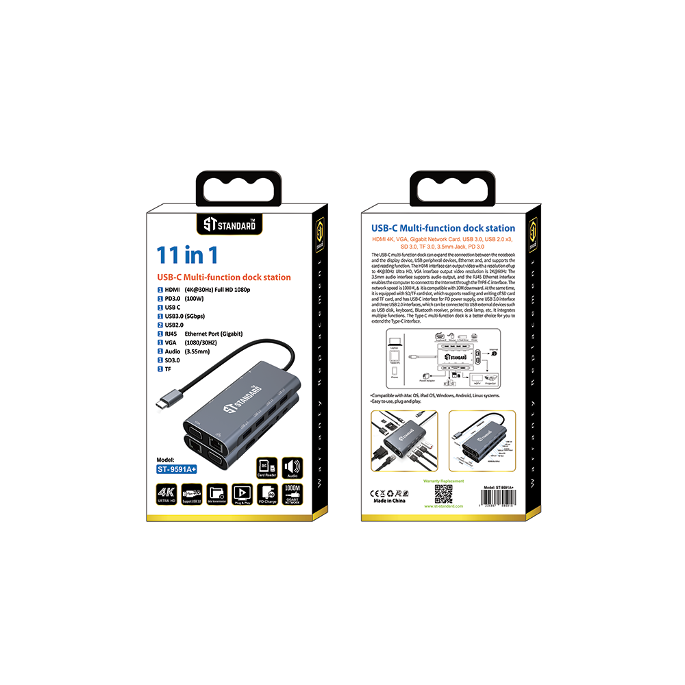 HUB Type-C To (HDMI - PD 100W - USB 3.0 - USB 2.0 - RJ45 - VGA - AUDIO 3.5mm - SD - TF) Standard ST-9591A+