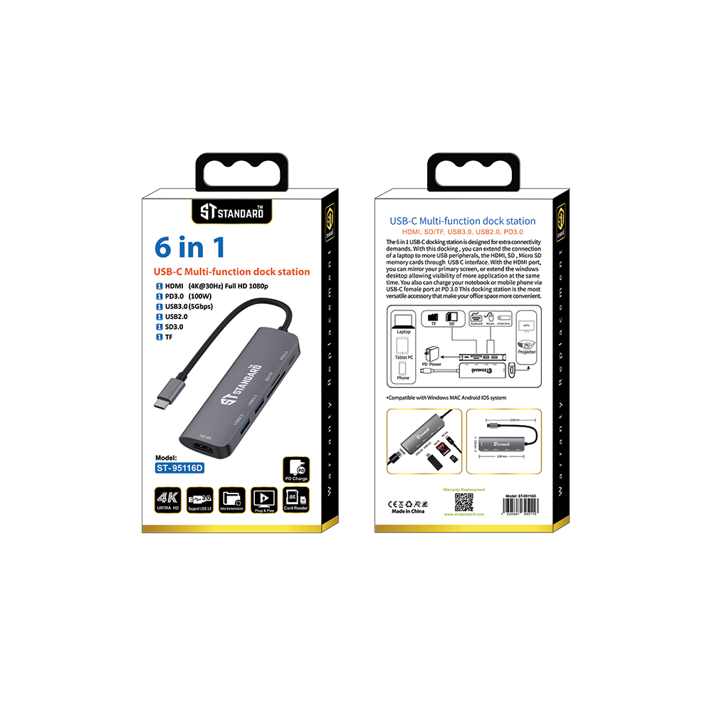 HUB Type-C To (HDMI - PD 100W - USB 3.0 - USB 2.0 - SD - TF) Standard ST-95116D