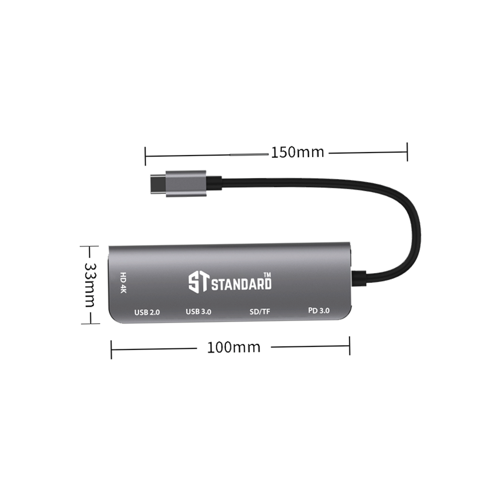 HUB Type-C To (HDMI - PD 100W - USB 3.0 - USB 2.0 - SD - TF) Standard ST-95116D