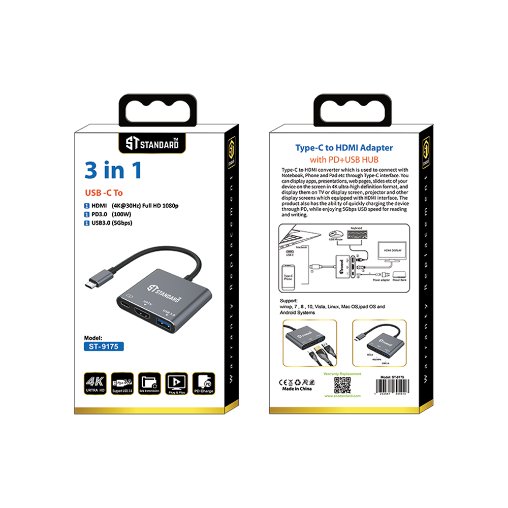 HUB Type-C To (HDMI - PD 100W - USB 3.0) Standard ST-9175
