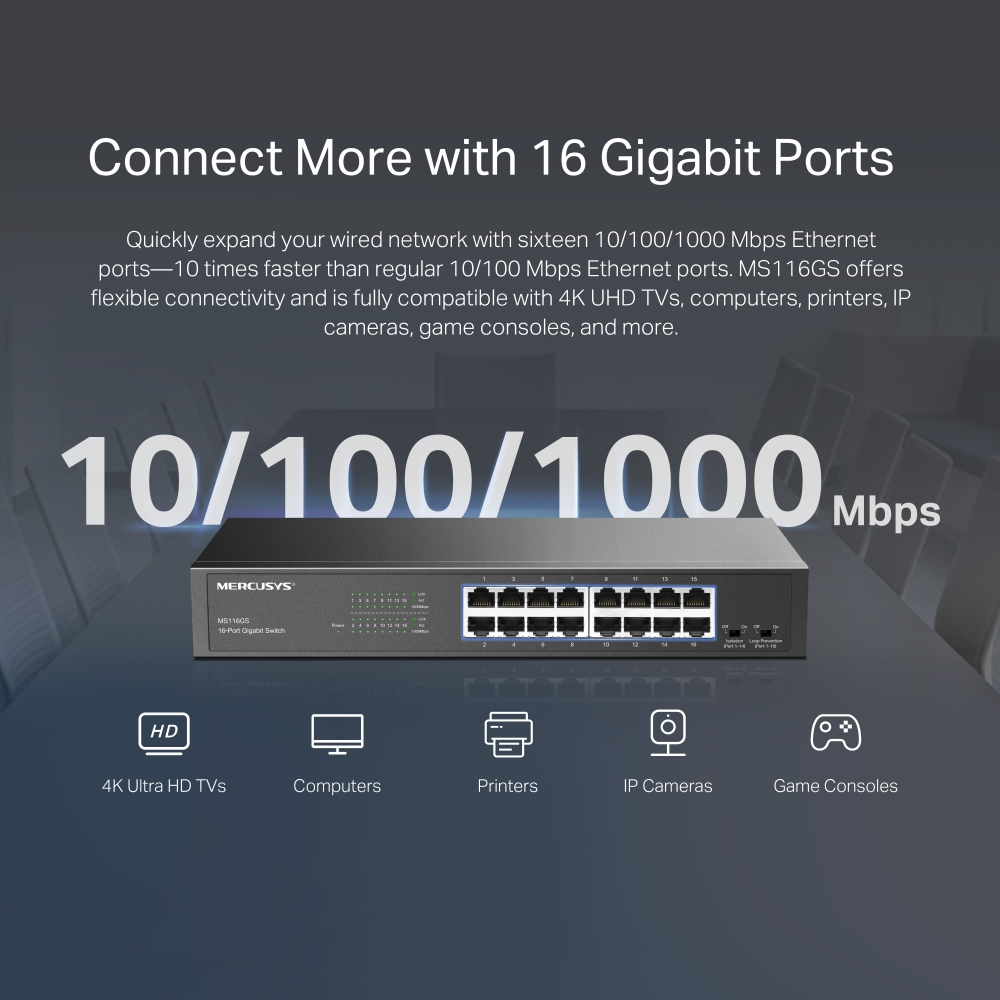 Mercusys MS116GS 16-Port 10/100/1000Mbps Gigabyte Desktop/Rackmount Switch
