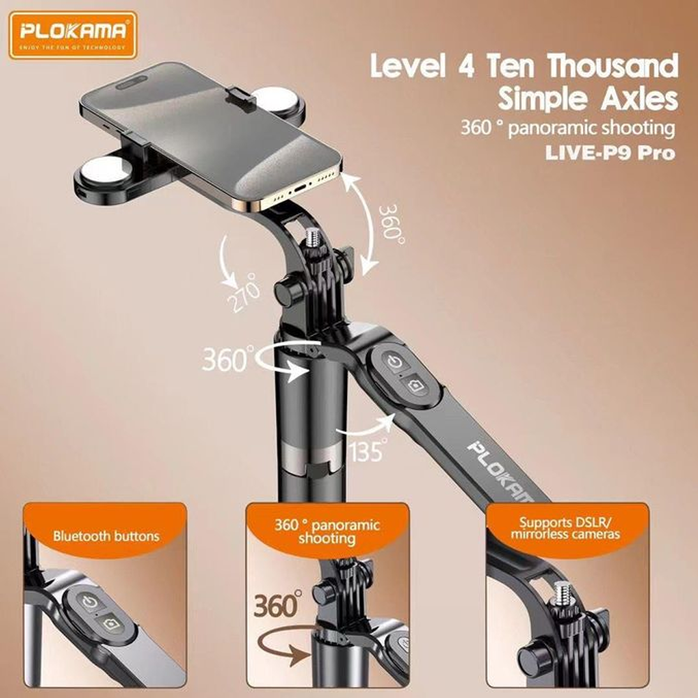 Plokama Live-P9 PRO LED Selfie Stick Tripod 1.70m With Remote Control