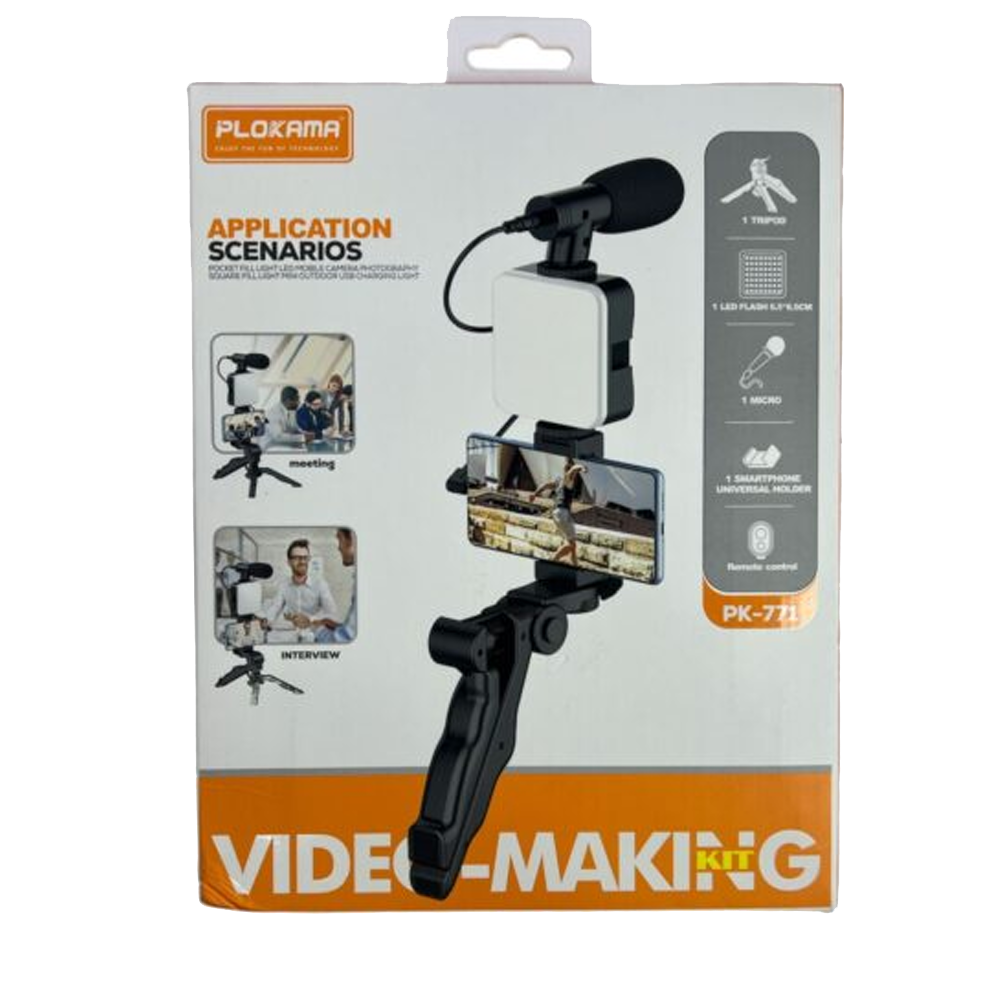Plokama PK-771 Video Making KIT 5 in 1 (Tripod - LED Light 6.5cm - Microphone - Phone Holder - Remote Control)