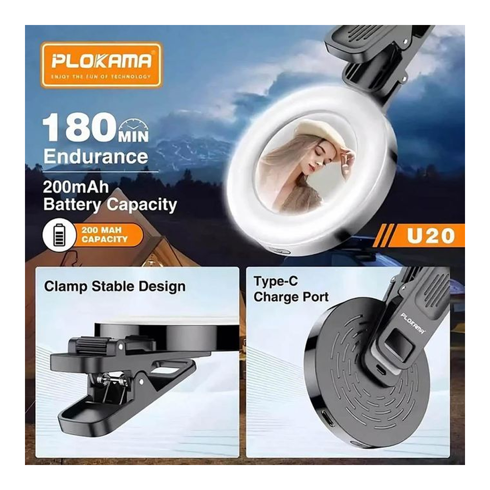 Plokama U20 LED Ring Light 6.8cm x 1.3cm x 9.9cm With Phone Buckle