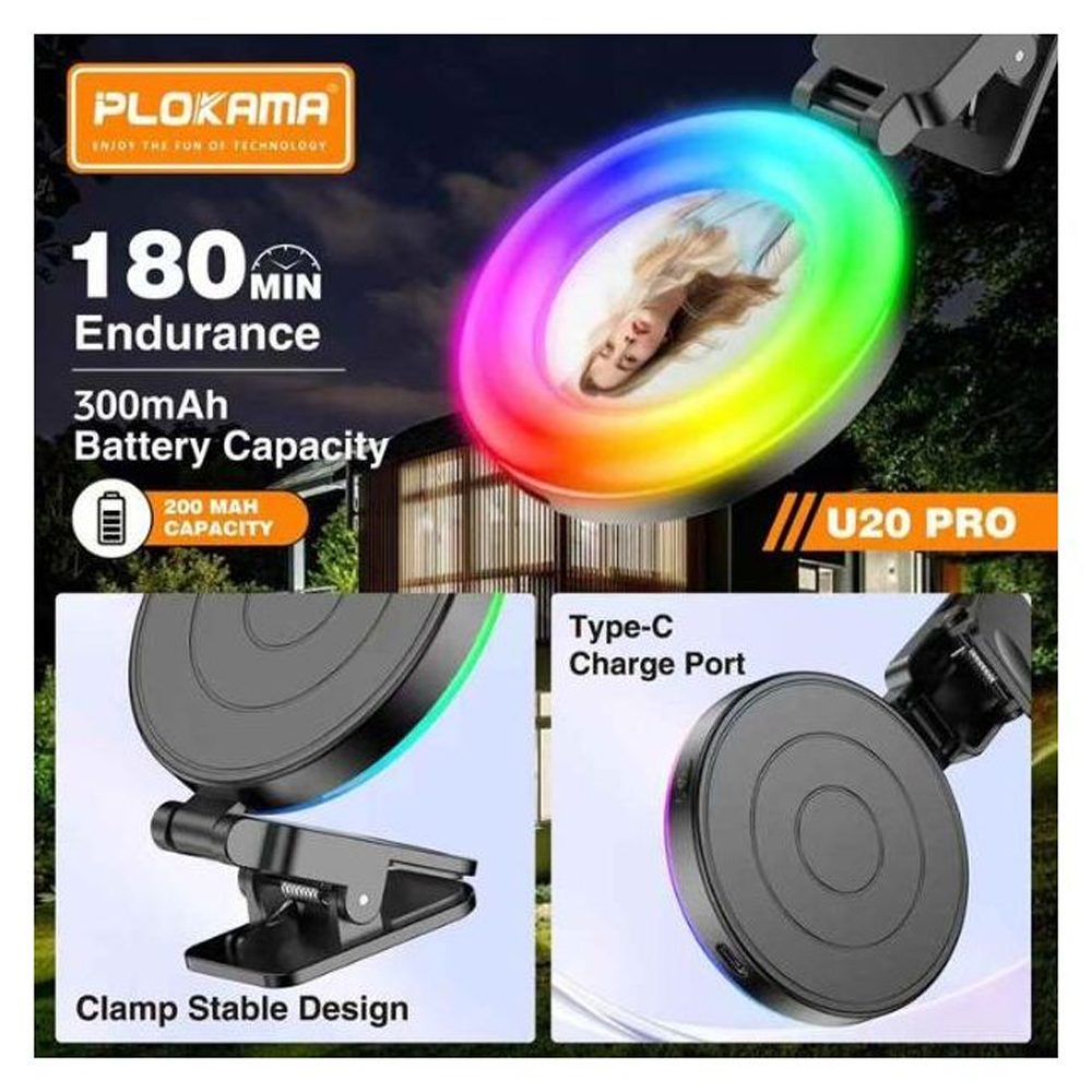 Plokama U20 PRO LED RGB Ring Light 6.8cm x 1.3cm x 9.9cm With Phone Buckle