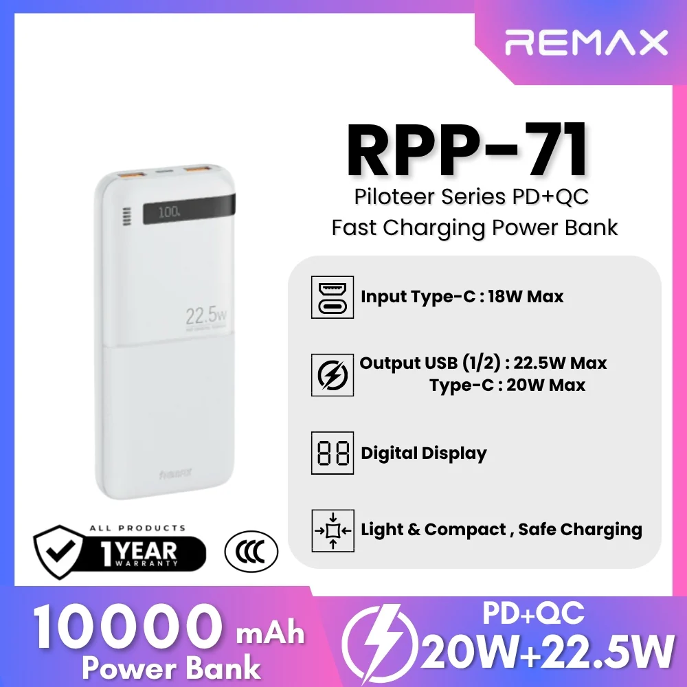 Remax RPP-71 Piloteer Series Power Bank 10000mAh 20W+22.5W - White