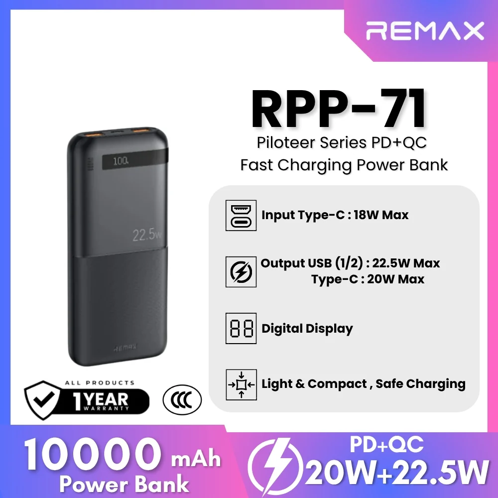 Remax RPP-71 Piloteer Series Power Bank 10000mAh 20W+22.5W - Black