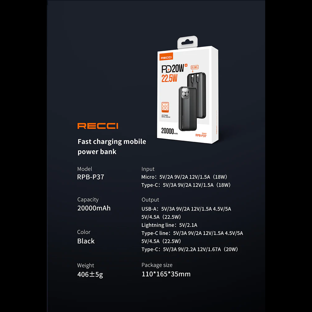 Recci RPB-P37 Power Bank 20000mAh 20W