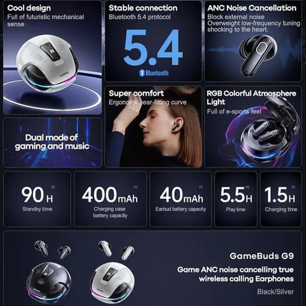 Remax GameBuds G9 RGB True ANC Earbuds - Silver