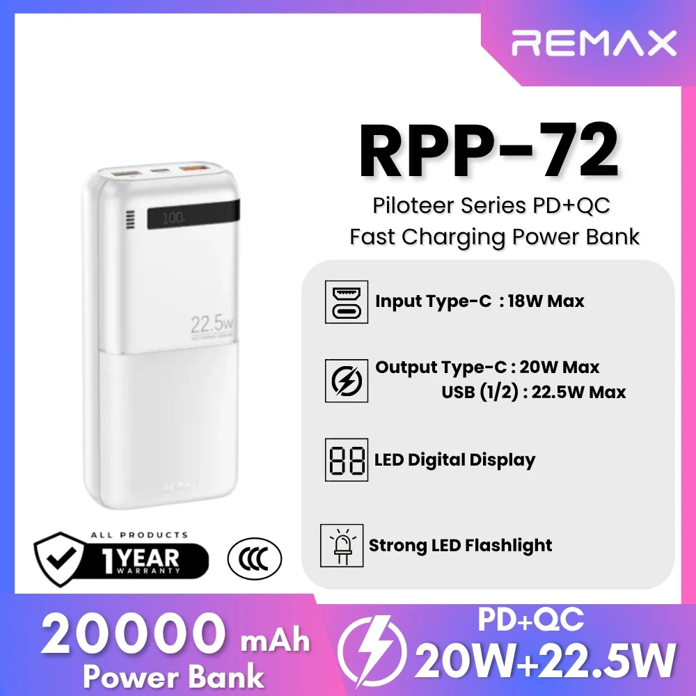 Remax RPP-72 Piloteer Series Power Bank 20000mAh 20W+22.5W - White
