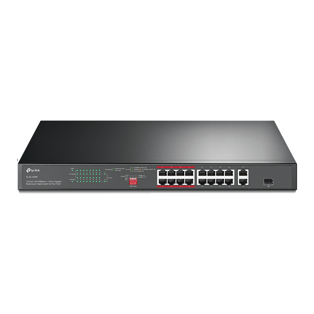 TP-Link TL-SL1218P 16-Port (PoE+) 10/100 Mbps + 2 Port Gigabit Rackmount Switch