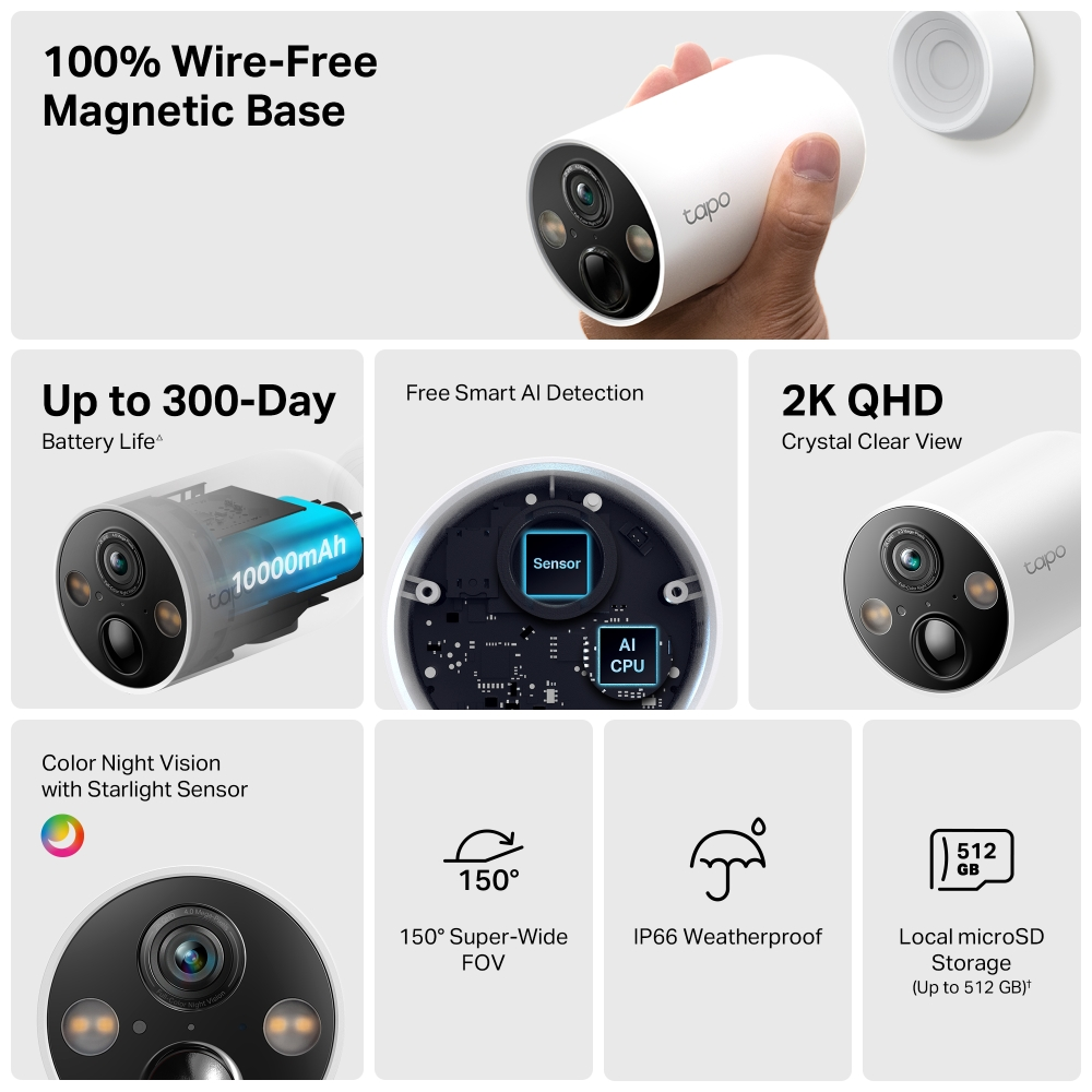 TP-Link Tapo C425 Rechargeable Smart Wire-Free 2K/4MP 2.1mm Outdoor Security Wi-Fi Camera