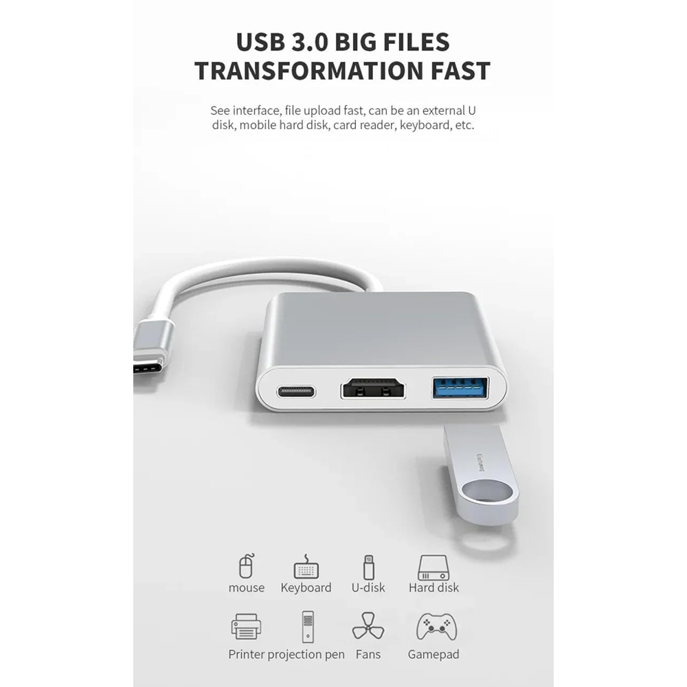HUB Type-C To (HDMI - USB 3.0 - Type-C PD) Zero 3 in 1