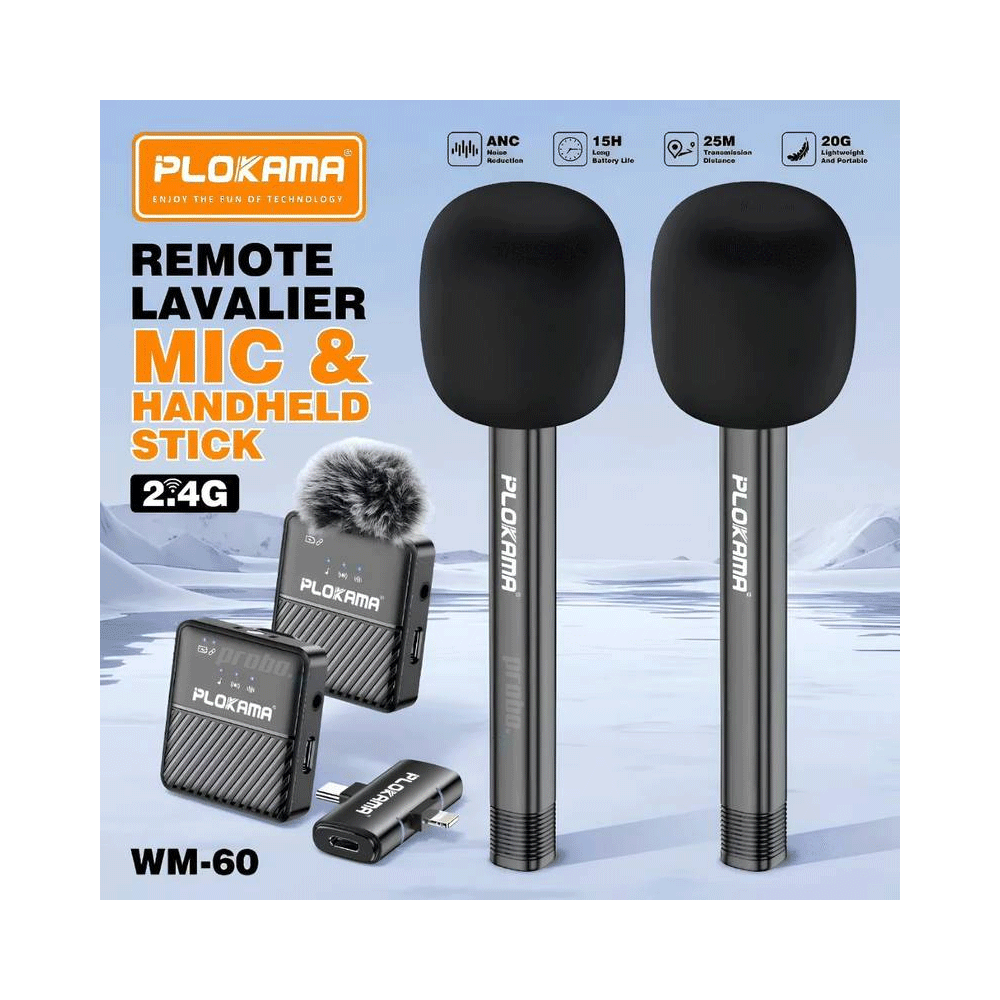 Plokama WM-60 Combo 2.4 GHz Dual (Lightning - Type-C) Wireless Remote Lavalier Microphone & Handle Stick