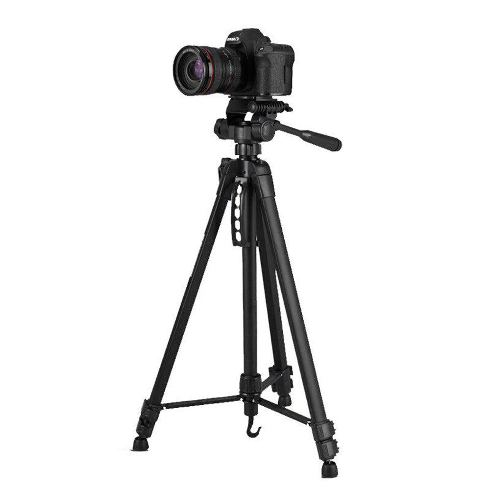 A black camera tripod supporting a DSLR camera with a lens, shown against a plain white background.
