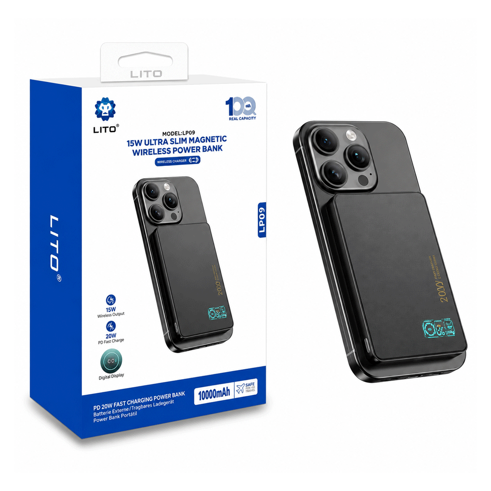 LITO LP09 15W Ultra Slim Magnetic Wireless Power Bank 10000mAh - Black