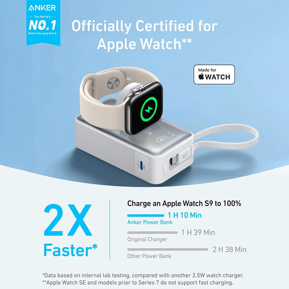 Anker 10K A1657H21 MagGo Magnetic Wireless Power Bank Type-C 35W Fast Charging 10000mAh Built in Type-C Cable With Watch Charger - White