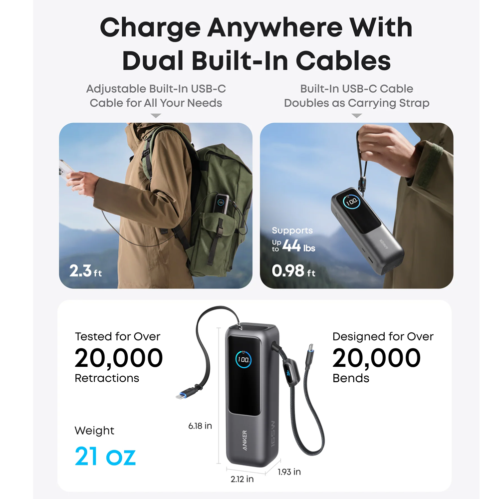 Anker A1695H11 Power Bank USB + Type-C 165W Fast Charging 25000mAh Built-In Dual Type-C Cable - Black