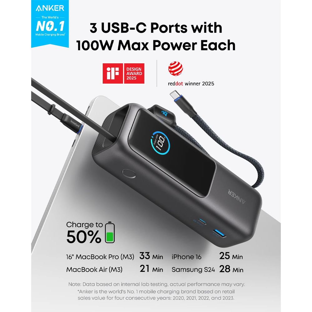 Anker A1695H11 Power Bank USB + Type-C 165W Fast Charging 25000mAh Built-In Dual Type-C Cable - Black