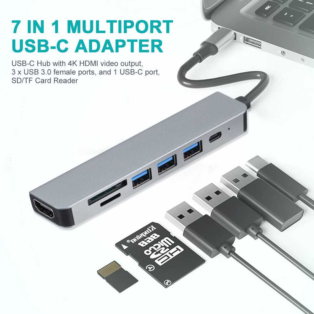 CONVERT TYPE-C TO (TYPE-C - HDMI - USB 3.0 X 3 - SD/TF) SILVER