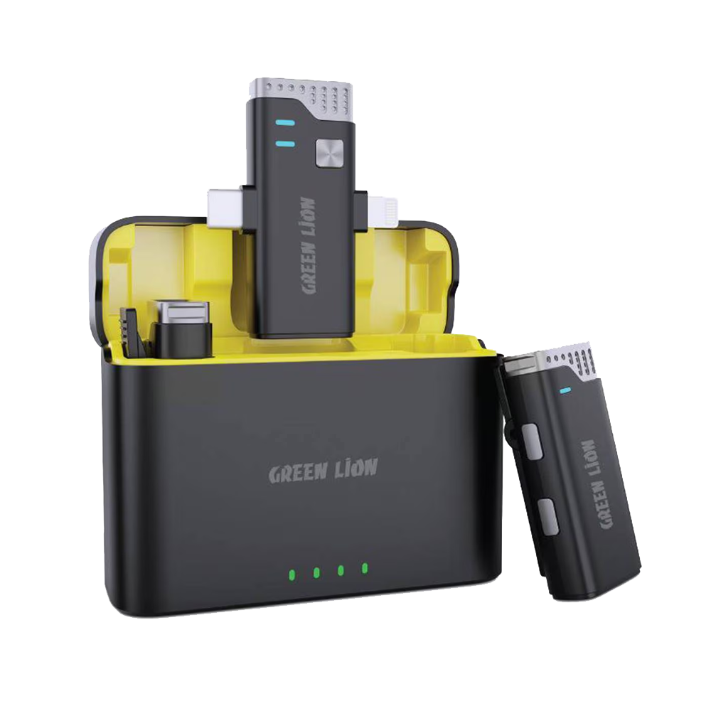 Green Lion 3 in 1 360° (Lightning & Type-C & 3.5mm) Dual Wireless Microphone With Charing Case - Black