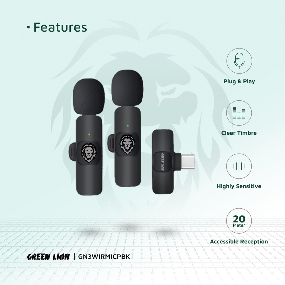 Green Lion 3 in 1 (Lightning & Type-C & USB) Dual Wireless Microphone - Black