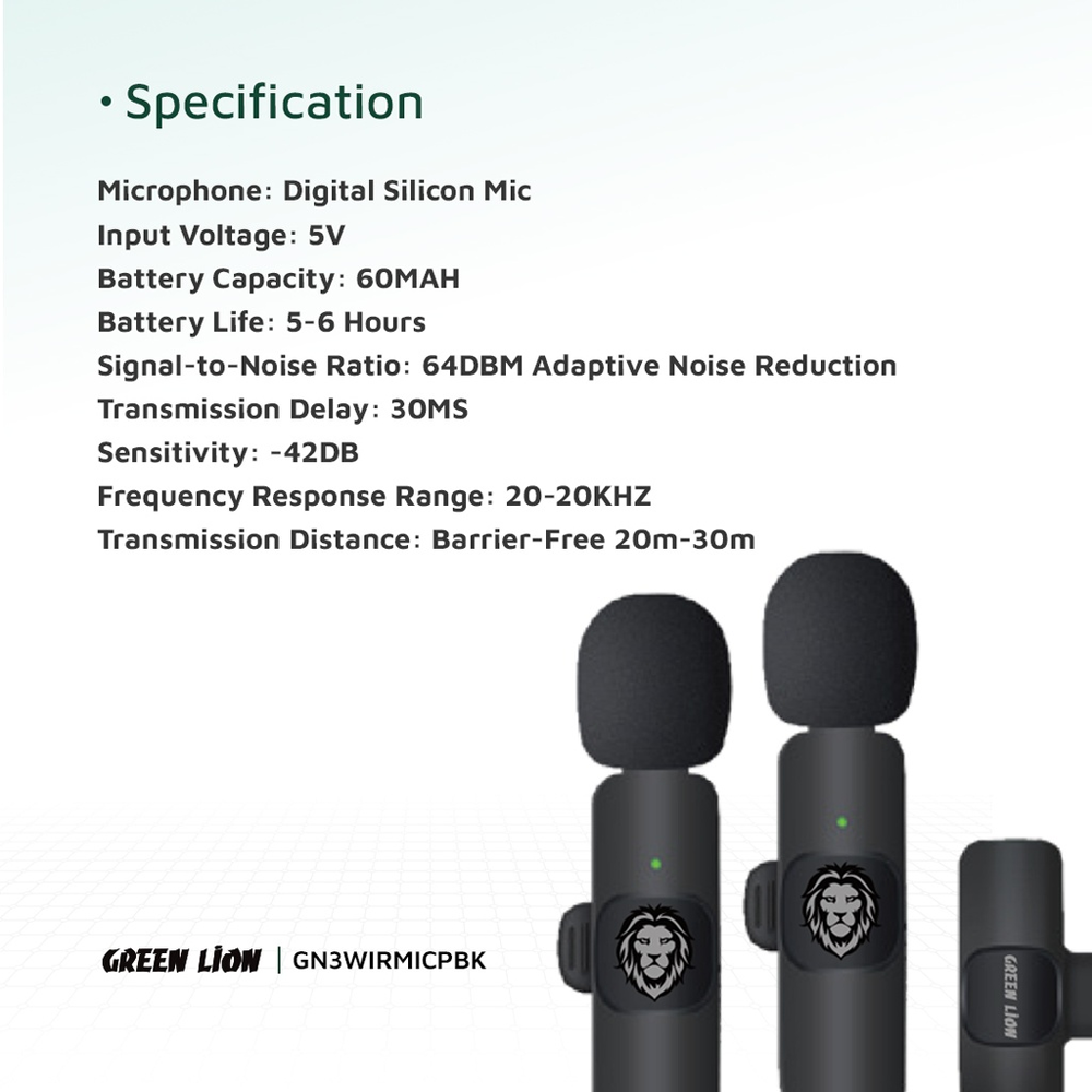 Green Lion 3 in 1 (Lightning & Type-C & USB) Dual Wireless Microphone - Black