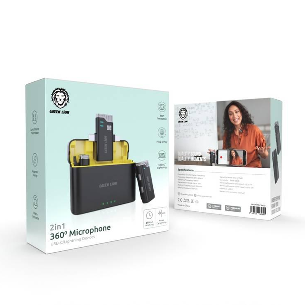 Green Lion 3 in 1 360° (Lightning & Type-C & 3.5mm) Dual Wireless Microphone With Charing Case - Black