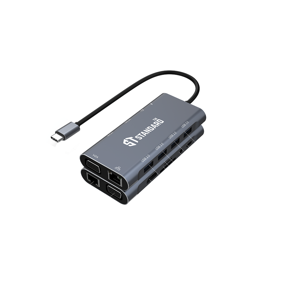 HUB Type-C To (HDMI - PD 100W - USB 3.0 - USB 2.0 - RJ45 - VGA - AUDIO 3.5mm - SD - TF) Standard ST-9591A+