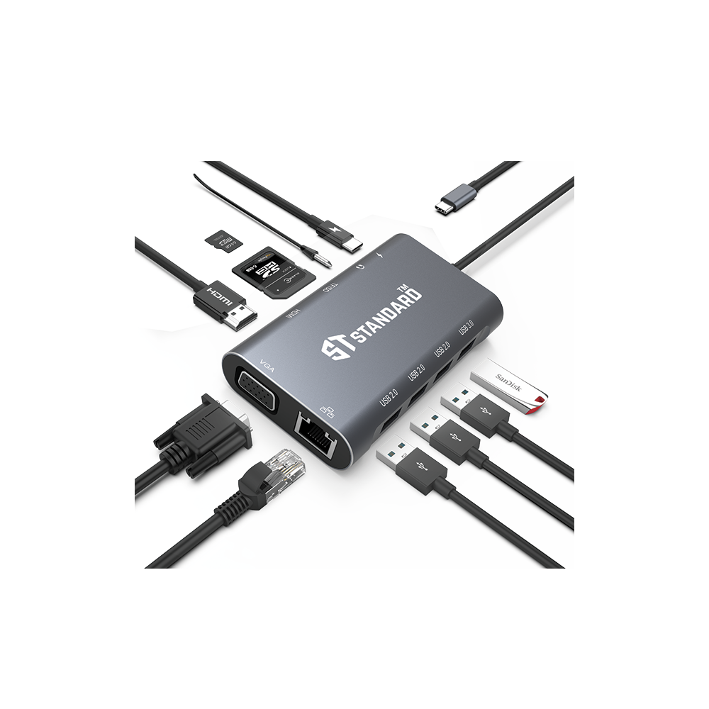 HUB Type-C To (HDMI - PD 100W - USB 3.0 - USB 2.0 - RJ45 - VGA - AUDIO 3.5mm - SD - TF) Standard ST-9591A+