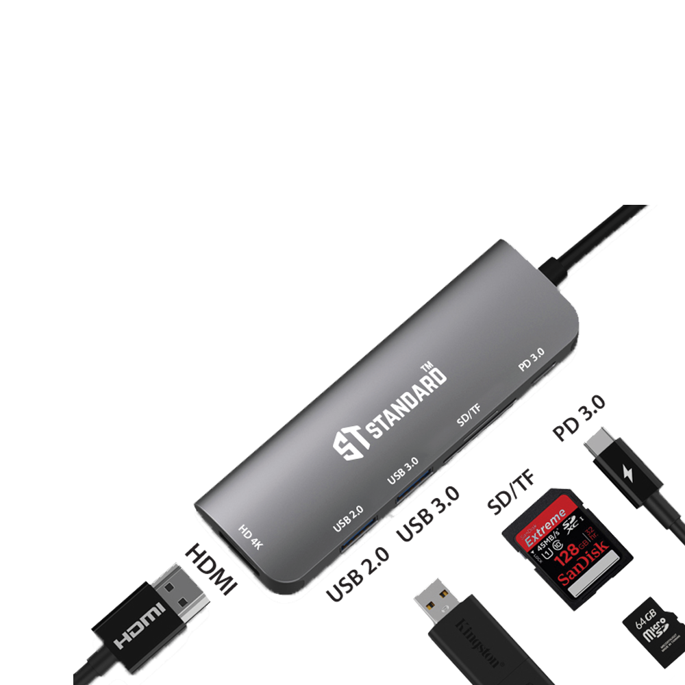 HUB Type-C To (HDMI - PD 100W -  USB 3.0 - USB 2.0 - SD - TF) Standard ST-95116D