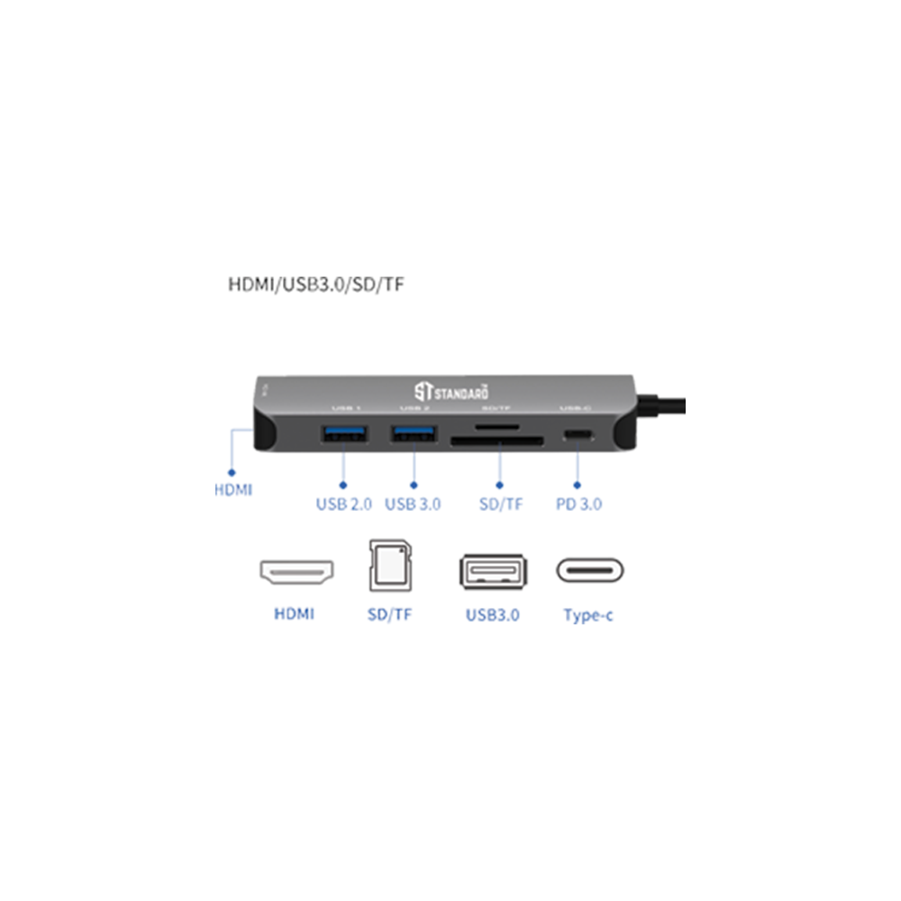 HUB Type-C To (HDMI - PD 100W -  USB 3.0 - USB 2.0 - SD - TF) Standard ST-95116D