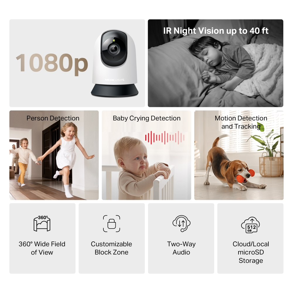 Mercusys MC200 Pan/Tilt 2MP 4mm Home Security Wi-Fi Camera