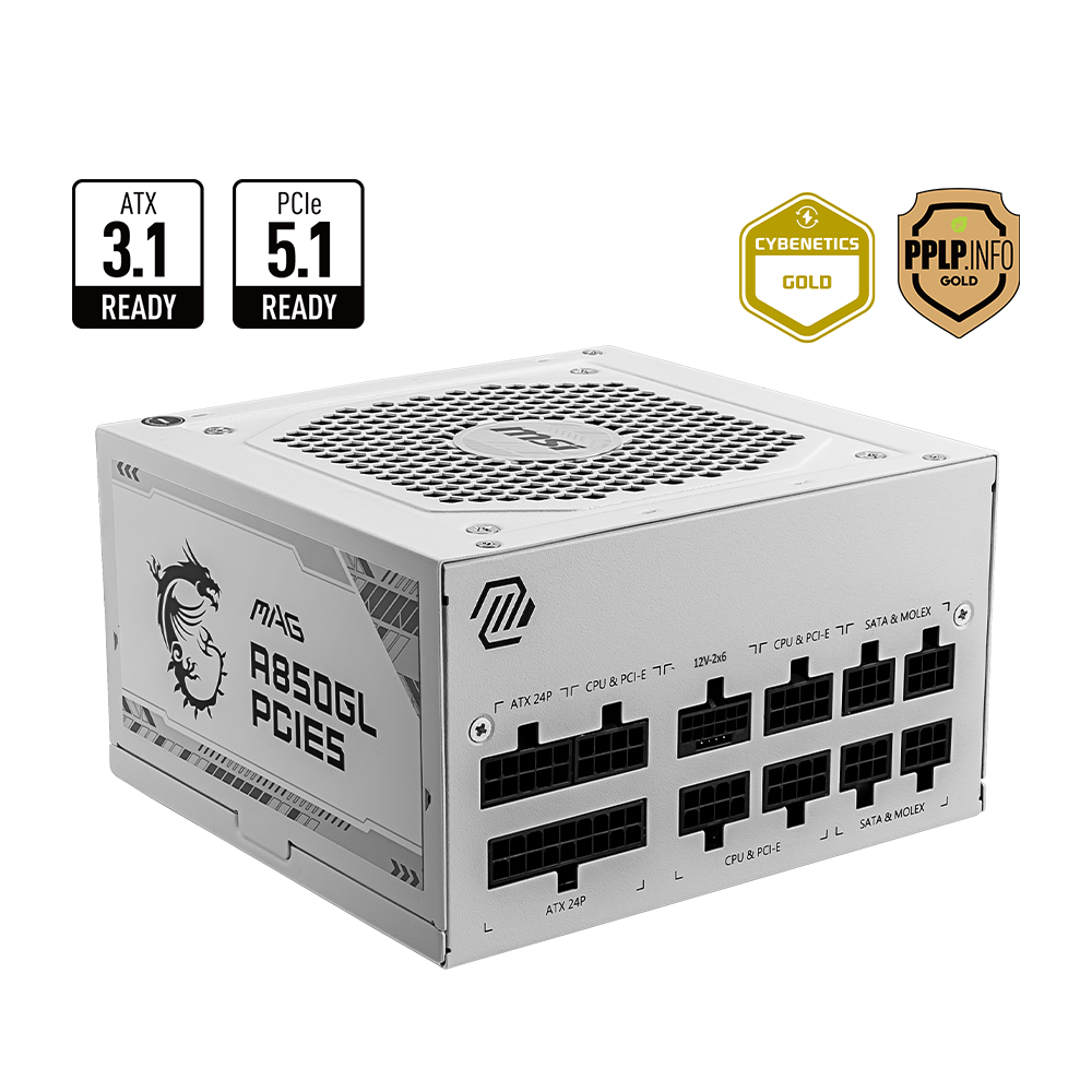 MSI MAG A850GL PCIE5 80 PLUS Gold Power Supply (850W) - White