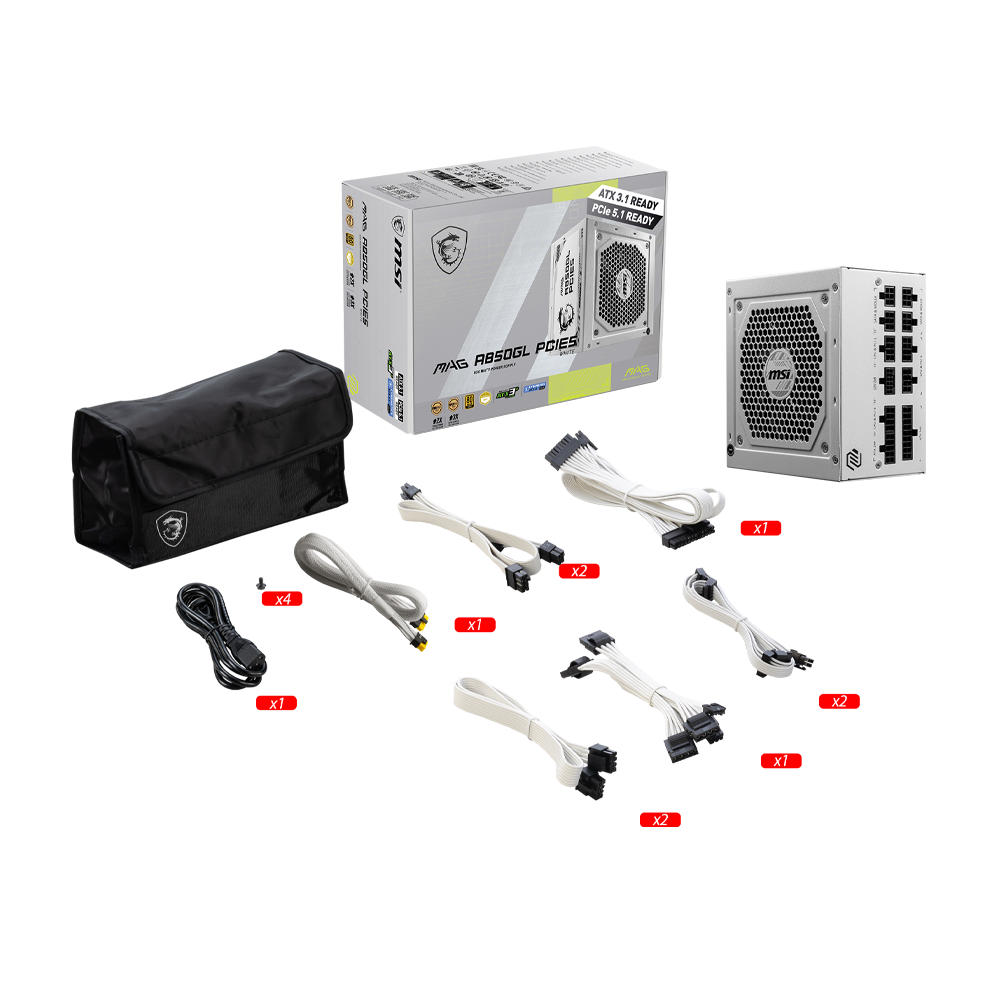 MSI MAG A850GL PCIE5 80 PLUS Gold Power Supply (850W) - White