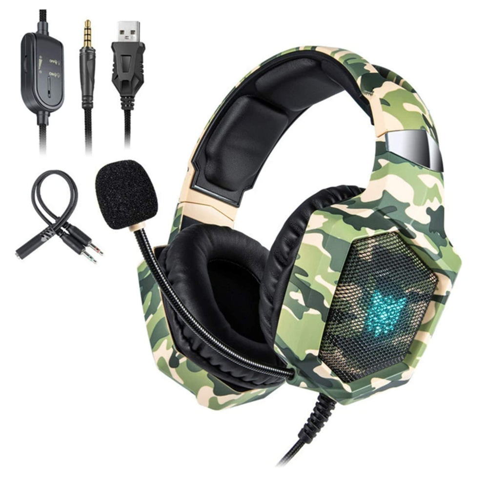 Onikuma K8 RGB Wired Gaming Headphone (One Socket 3.5mm With Converter + USB) - Camouflage Green