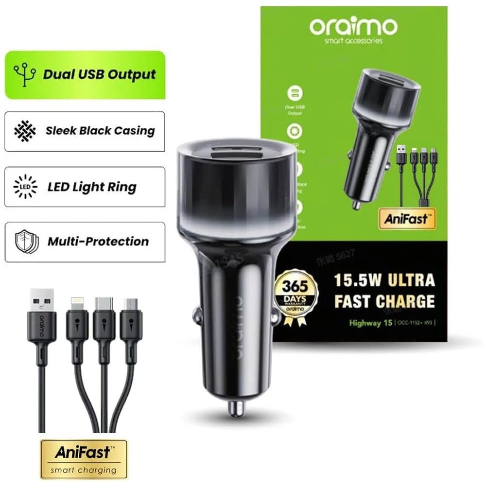 Oraimo OCC-1152D Dual USB 15.5W Fast Car Charger With 3-in-1 Cable  - Black