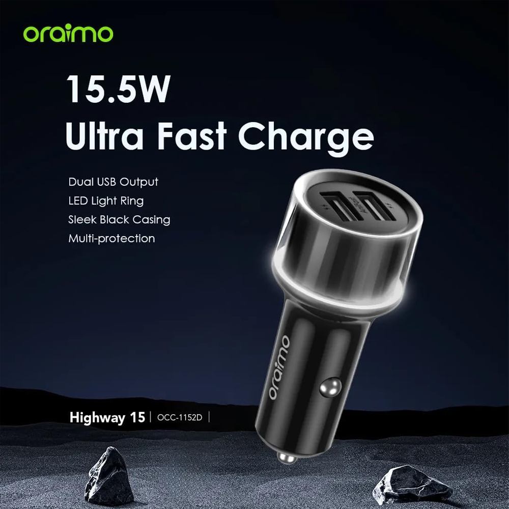 Oraimo OCC-1152D Dual USB 15.5W Fast Car Charger With 3-in-1 Cable  - Black