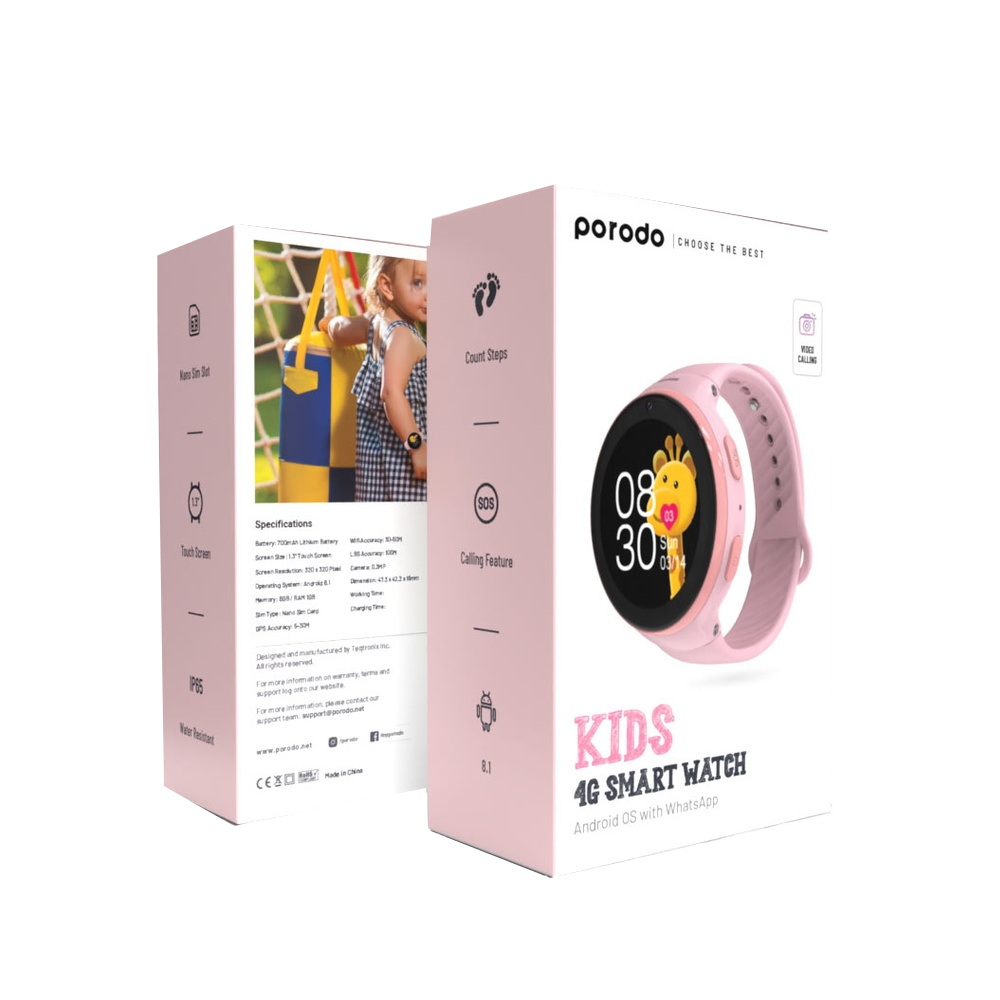 Porodo Kids GPS 4G Smart Watch - Pink