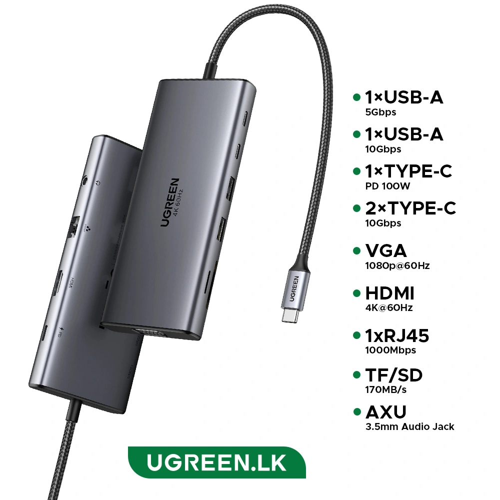 Ugreen CM639 45520 11-in-1 Type-C HUB (HDMI - VGA - 2 x Type-C - 2 x USB - RJ45 - SD Card Slot - TF Card Slot - 3.5mm)