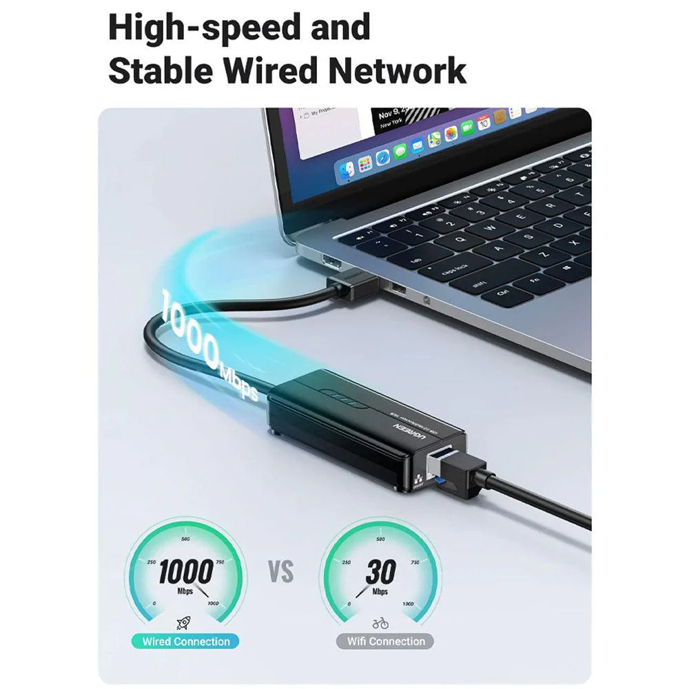 Ugreen 20265 3-Port USB 3.0 HUB With Gigabit Ethernet Adapter