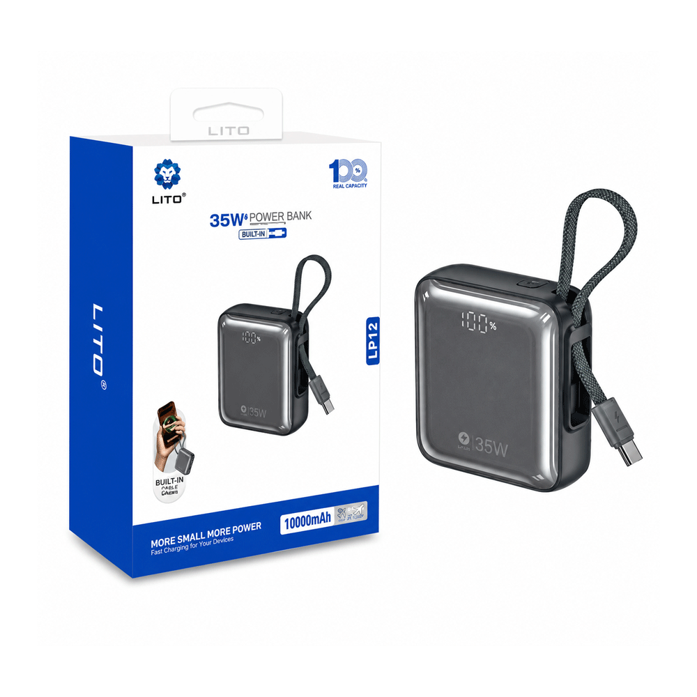 LITO LP12 35W Power Bank 10000mAh with Built-in Type-C Cable - Gray