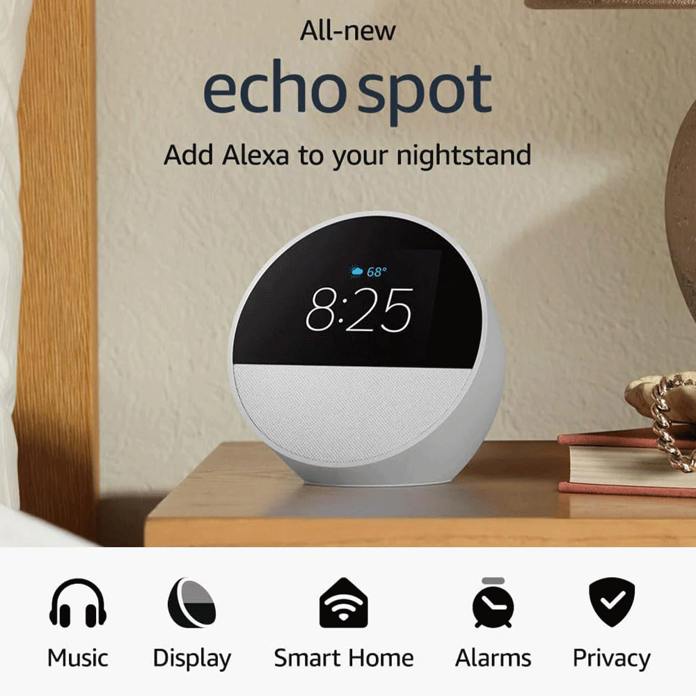Amazon Echo Spot Smart Speaker & Alarm With Alexa - White